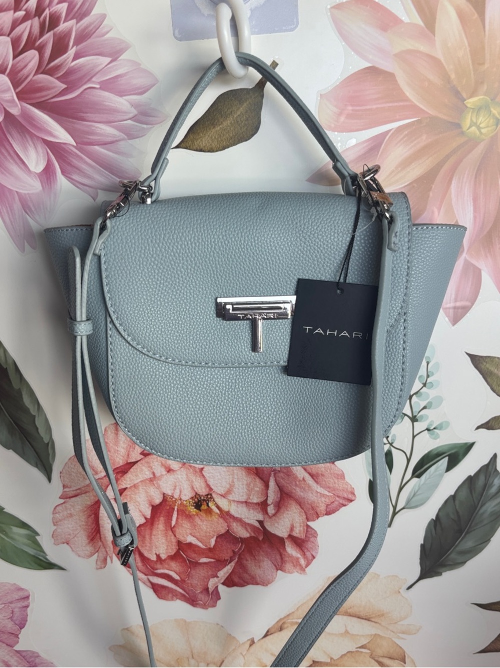 Tahari Pale Blue Pebbled Leather Crossbody Satchel